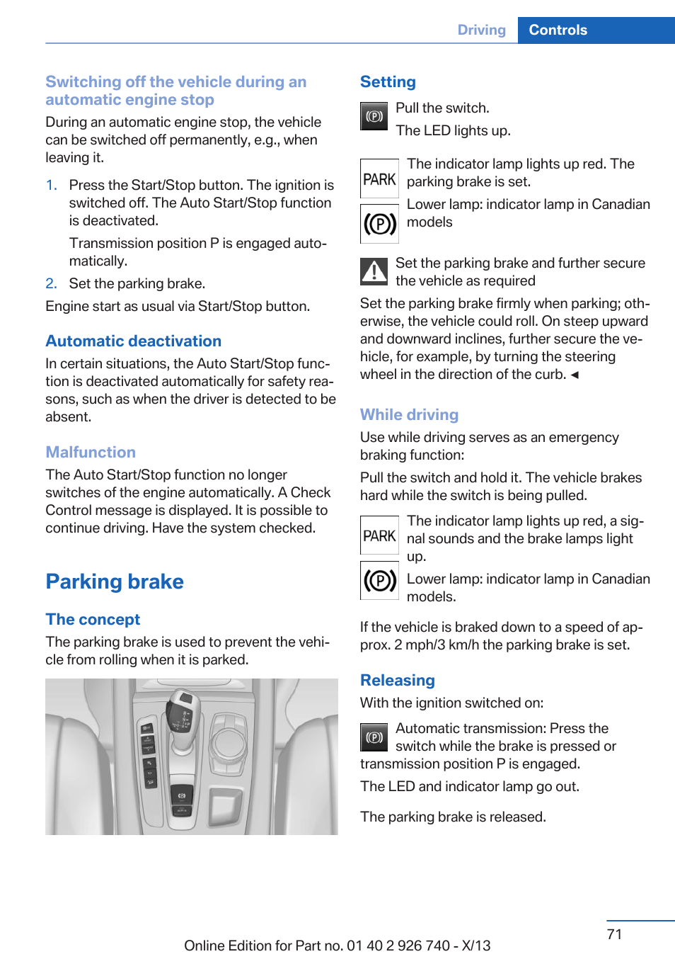 Parking brake | BMW X5 User Manual | Page 71 / 265