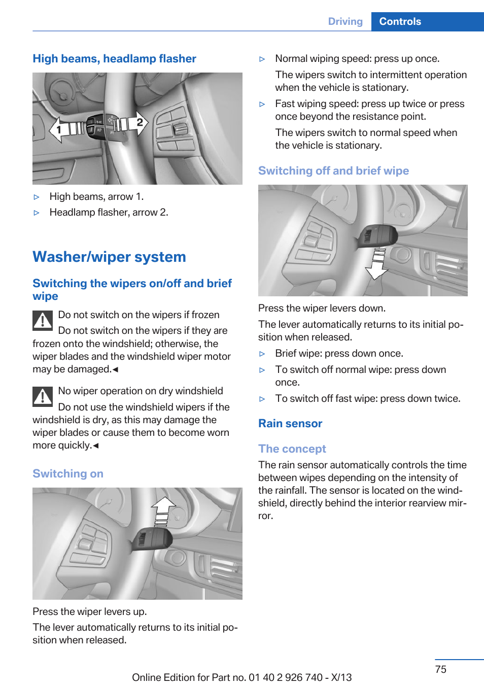 Washer/wiper system, Lamps | BMW X5 User Manual | Page 75 / 265