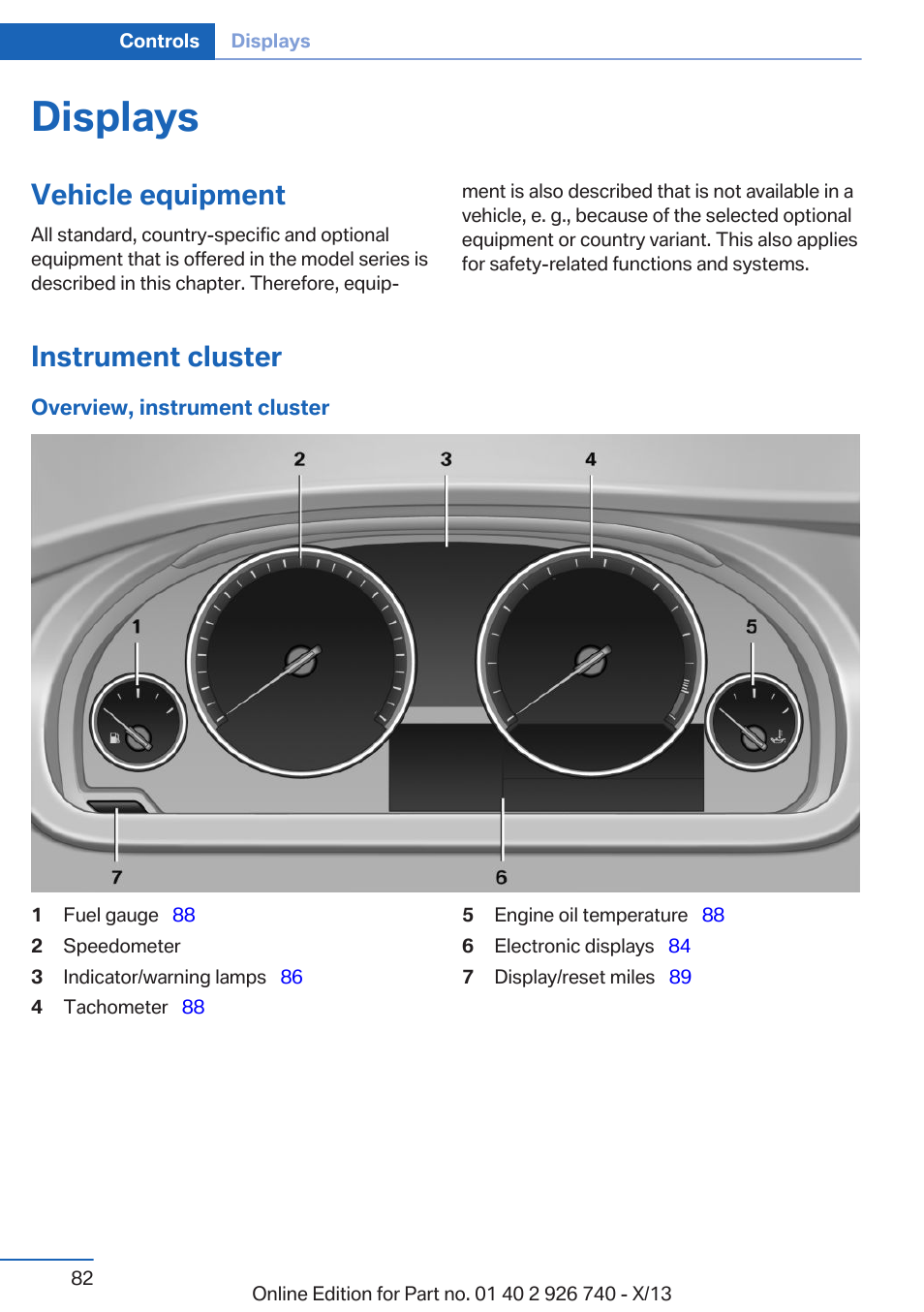 Displays, Vehicle equipment, Instrument cluster | BMW X5 User Manual | Page 82 / 265