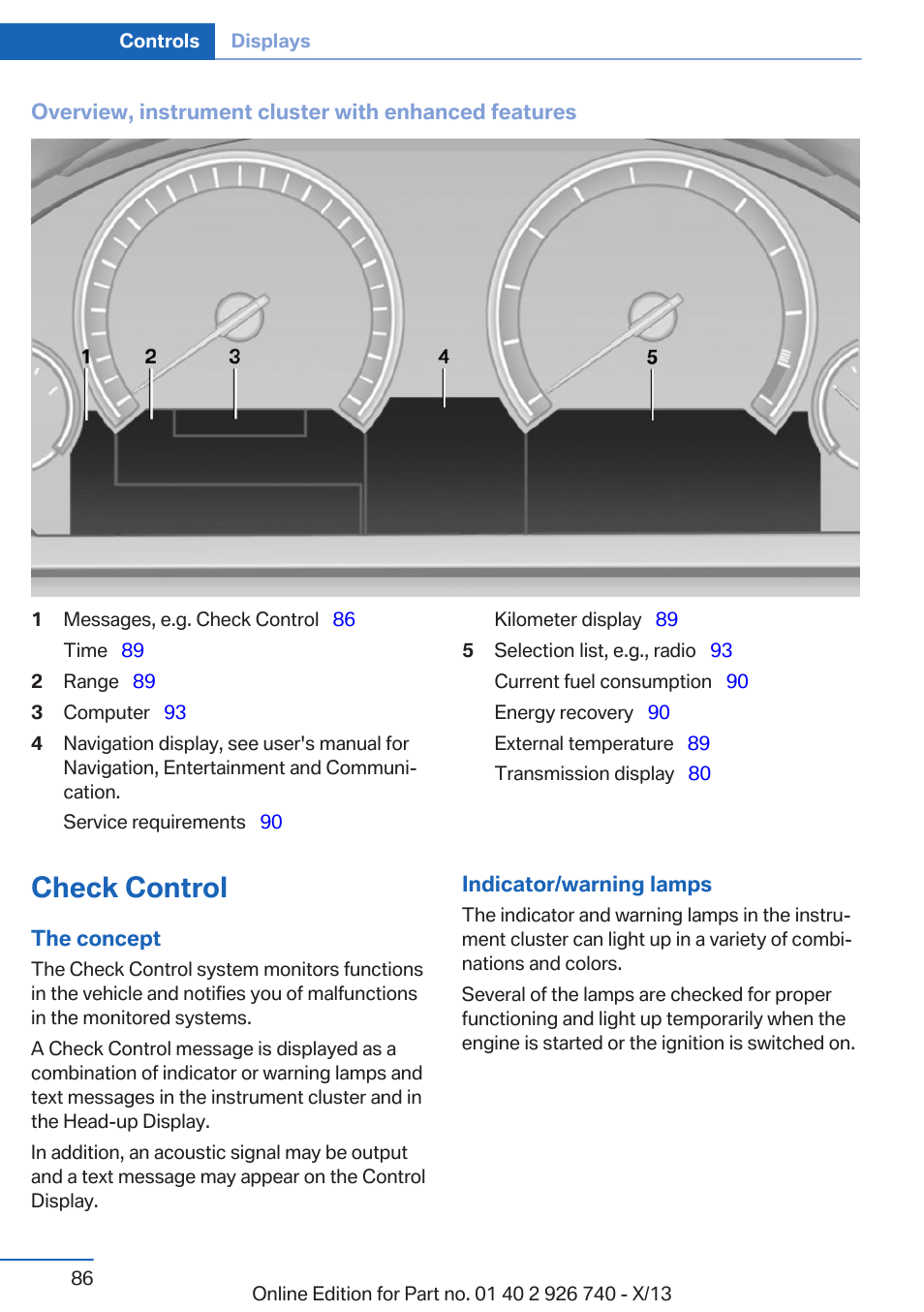 Check control, Indicator/warning lamps | BMW X5 User Manual | Page 86 / 265