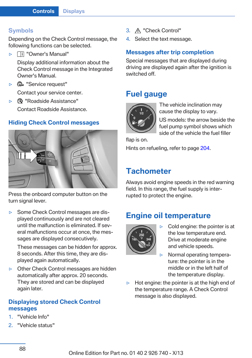 Fuel gauge, Tachometer, Engine oil temperature | BMW X5 User Manual | Page 88 / 265