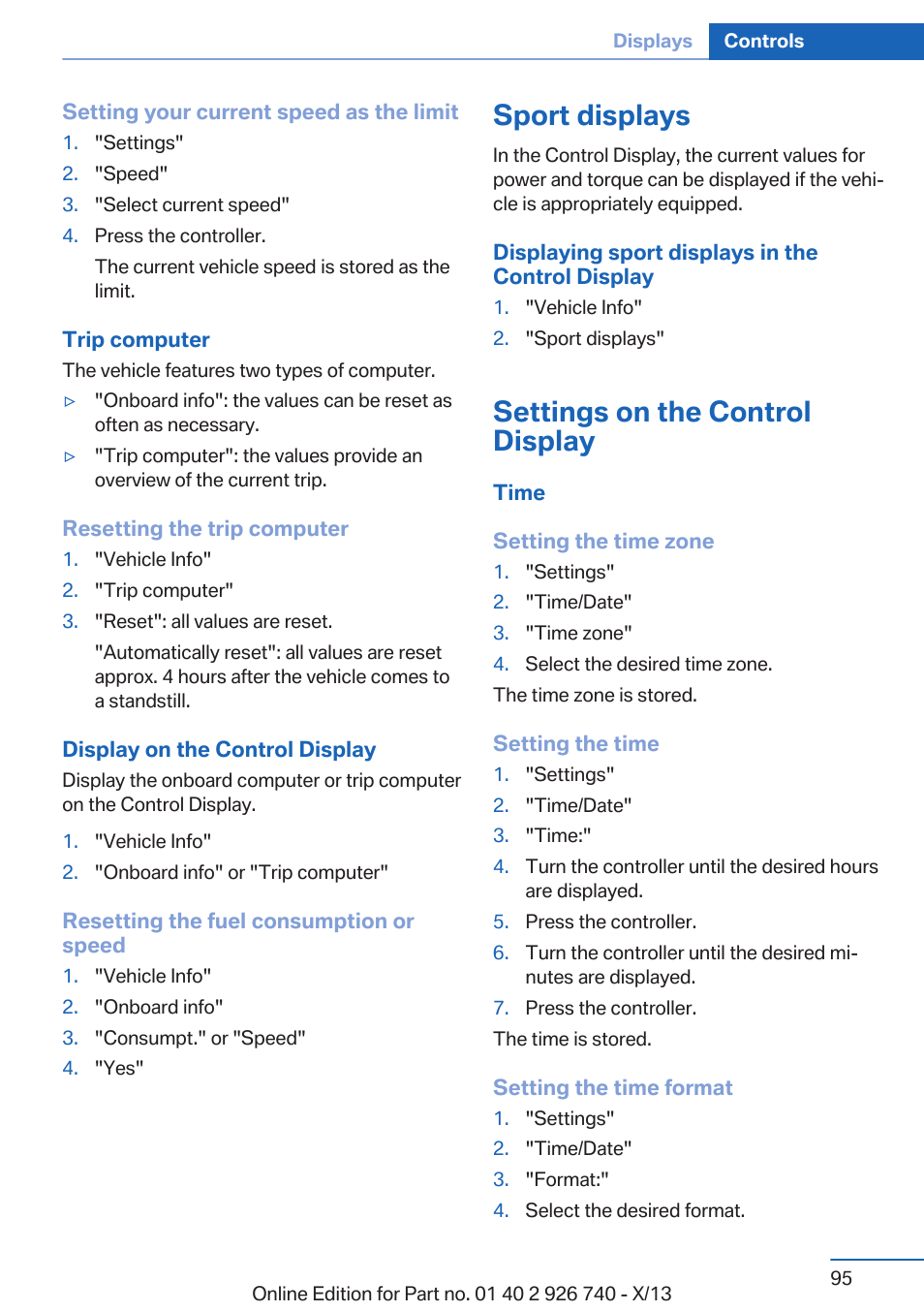 Sport displays, Settings on the control display | BMW X5 User Manual | Page 95 / 265