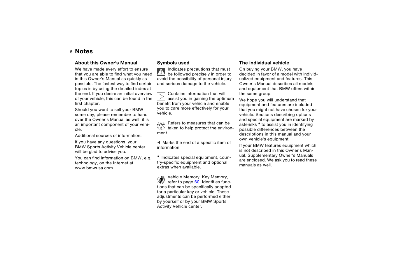 Notes, About this owner's manual, Symbols used | The individual vehicle | BMW X5 User Manual | Page 10 / 193