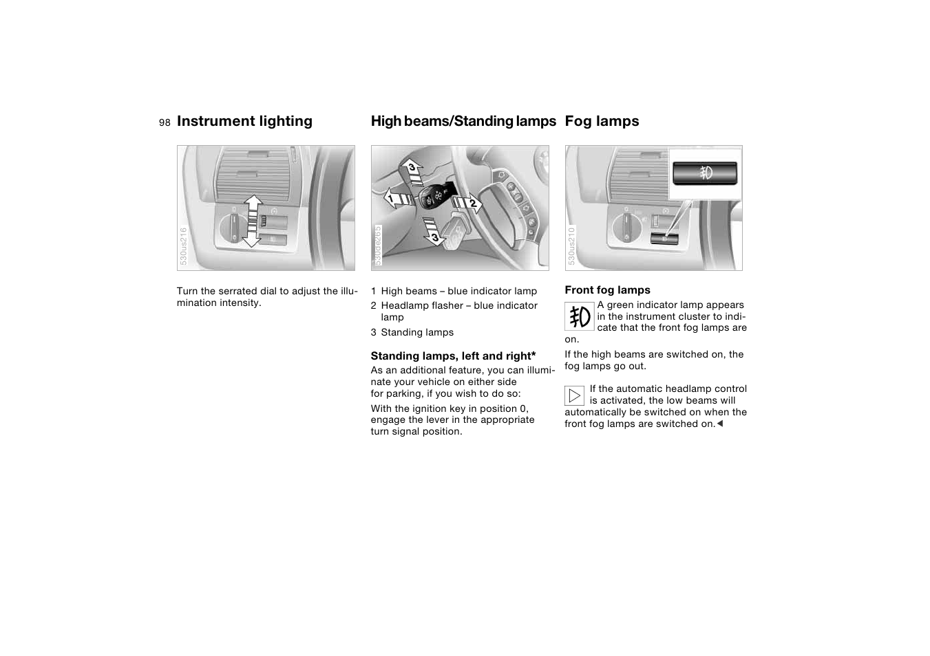 Instrument lighting, High beams/standing lamps, Fog lamps | BMW X5 User Manual | Page 100 / 193