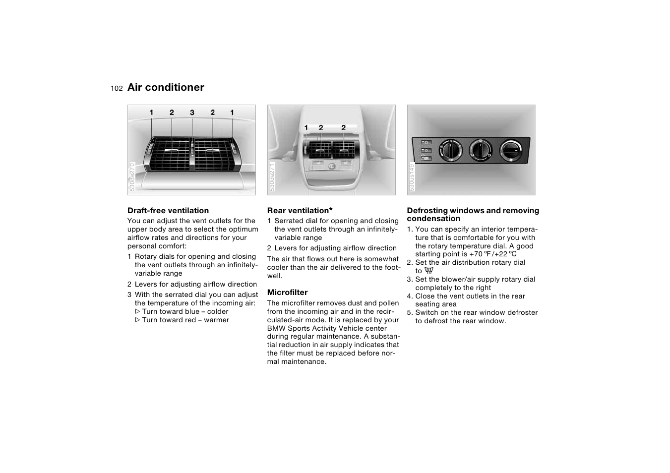 Airflow for the upper body, Seat, Air conditioner | BMW X5 User Manual | Page 104 / 193