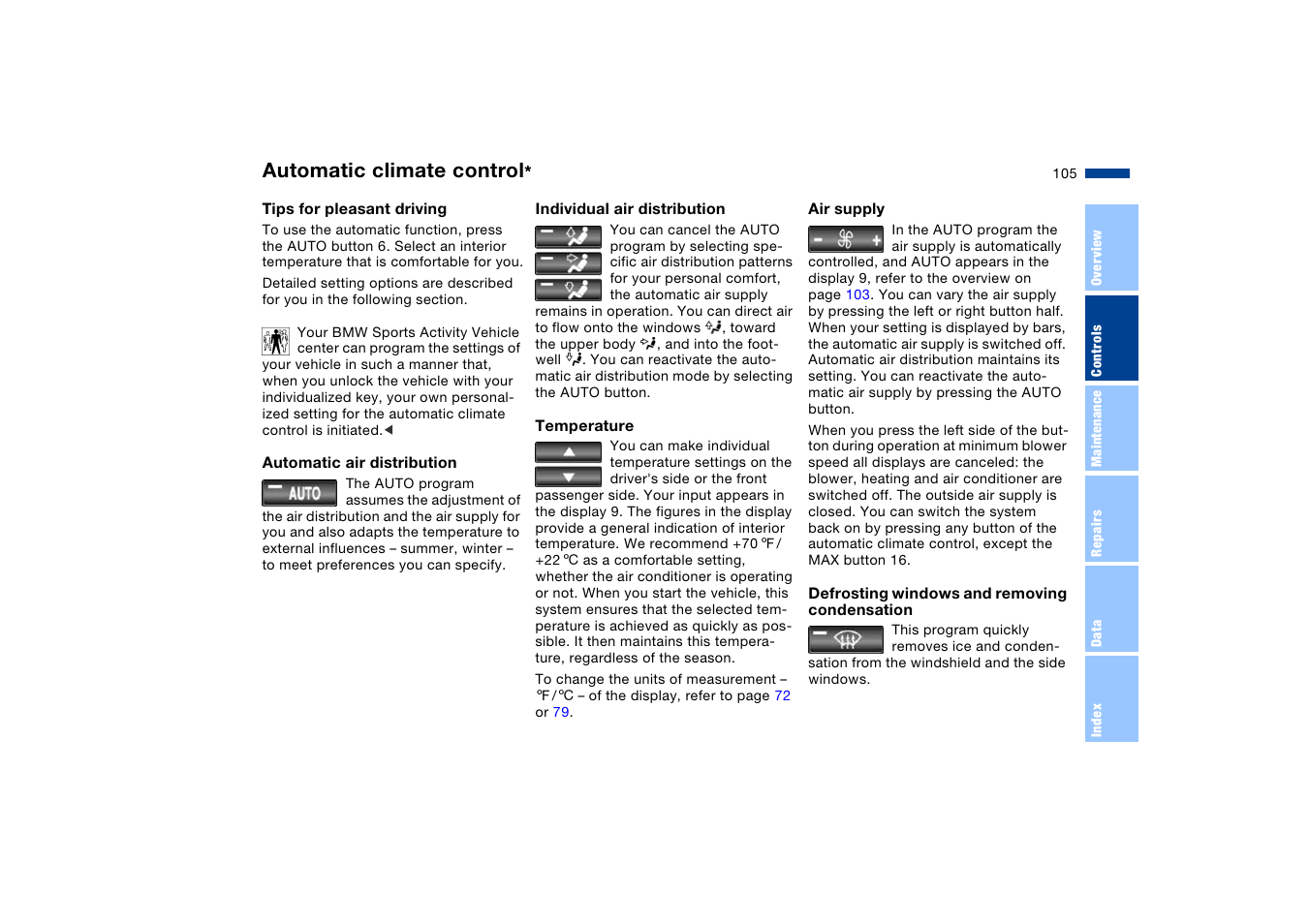 Automatic air distribution, Individual air distribution, Compartment | Air supply, Automatic climate control | BMW X5 User Manual | Page 107 / 193