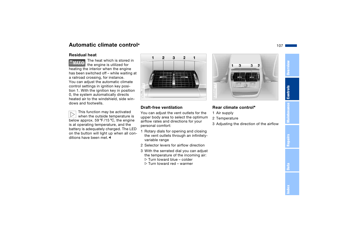 Airflow for the upper body, Seat, Automatic climate control | BMW X5 User Manual | Page 109 / 193