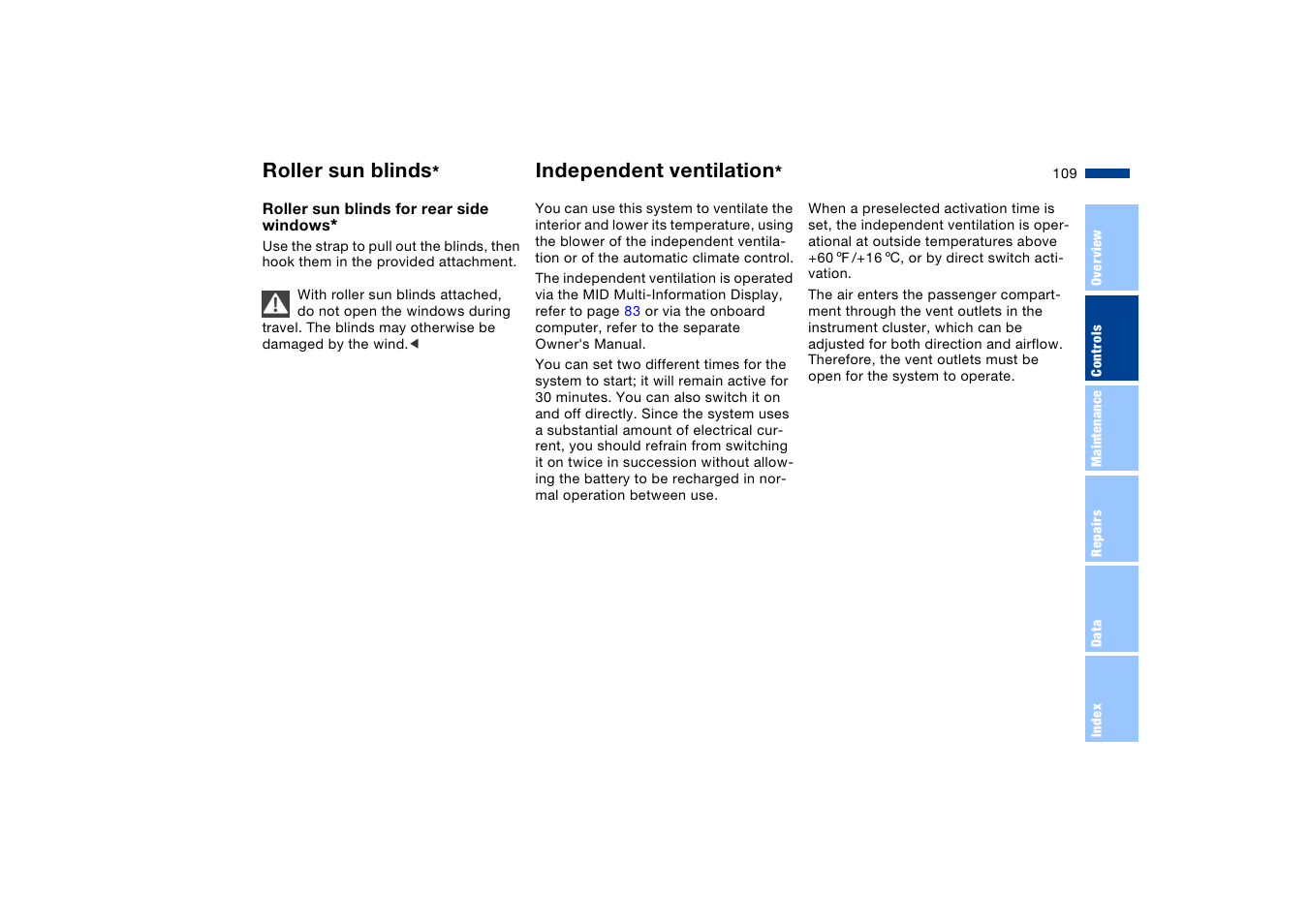 Roller sun blinds, Independent ventilation | BMW X5 User Manual | Page 111 / 193