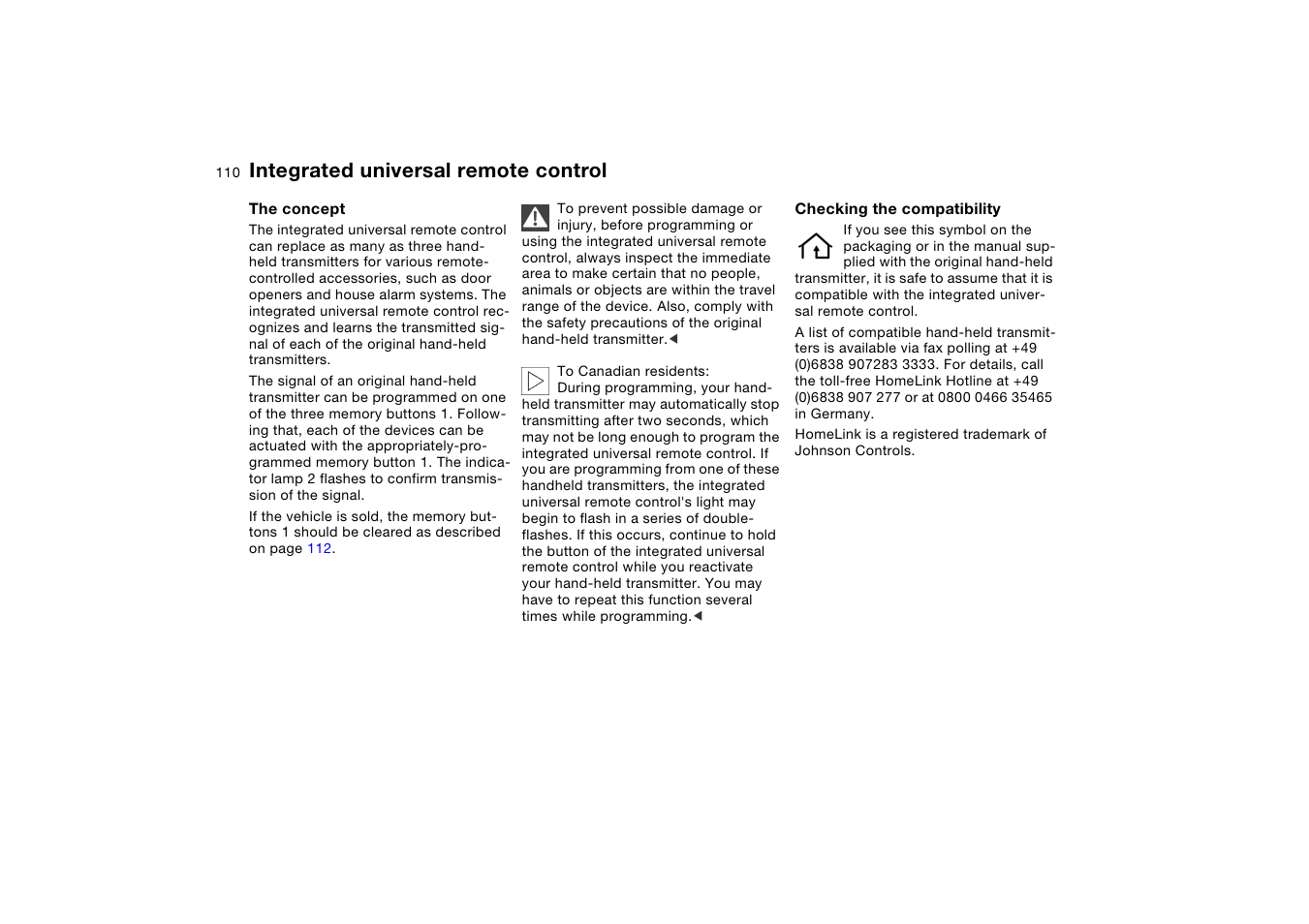 Integrated universal remote control | BMW X5 User Manual | Page 112 / 193