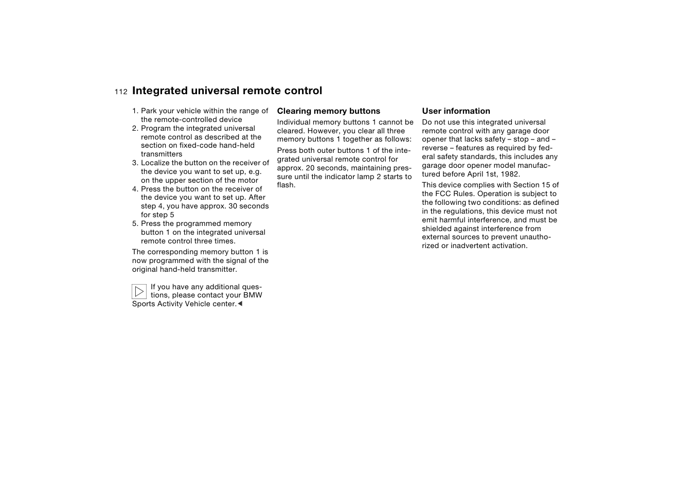 Integrated universal remote control | BMW X5 User Manual | Page 114 / 193