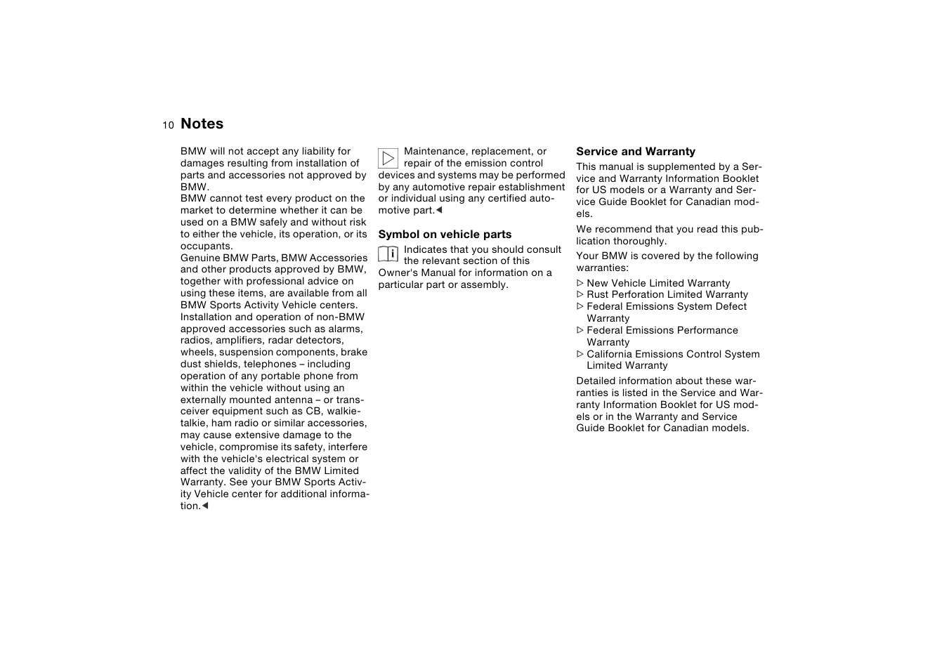 Symbol on vehicle parts, Service and warranty | BMW X5 User Manual | Page 12 / 193