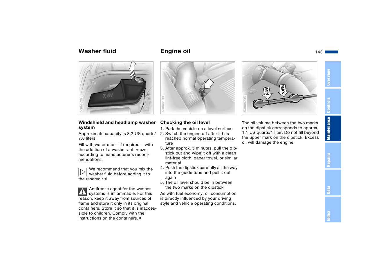 Washer fluid, Engine oil, Do not | Washer fluid engine oil | BMW X5 User Manual | Page 145 / 193