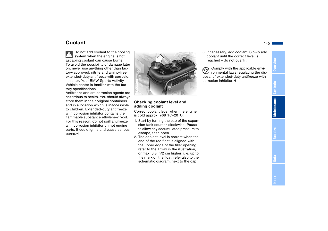 Coolant, Coolant expansion tank | BMW X5 User Manual | Page 147 / 193