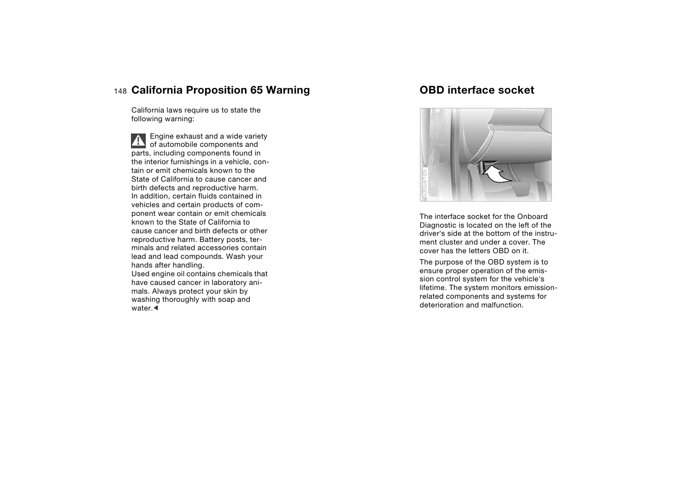 California proposition 65 warning, Obd interface socket | BMW X5 User Manual | Page 150 / 193