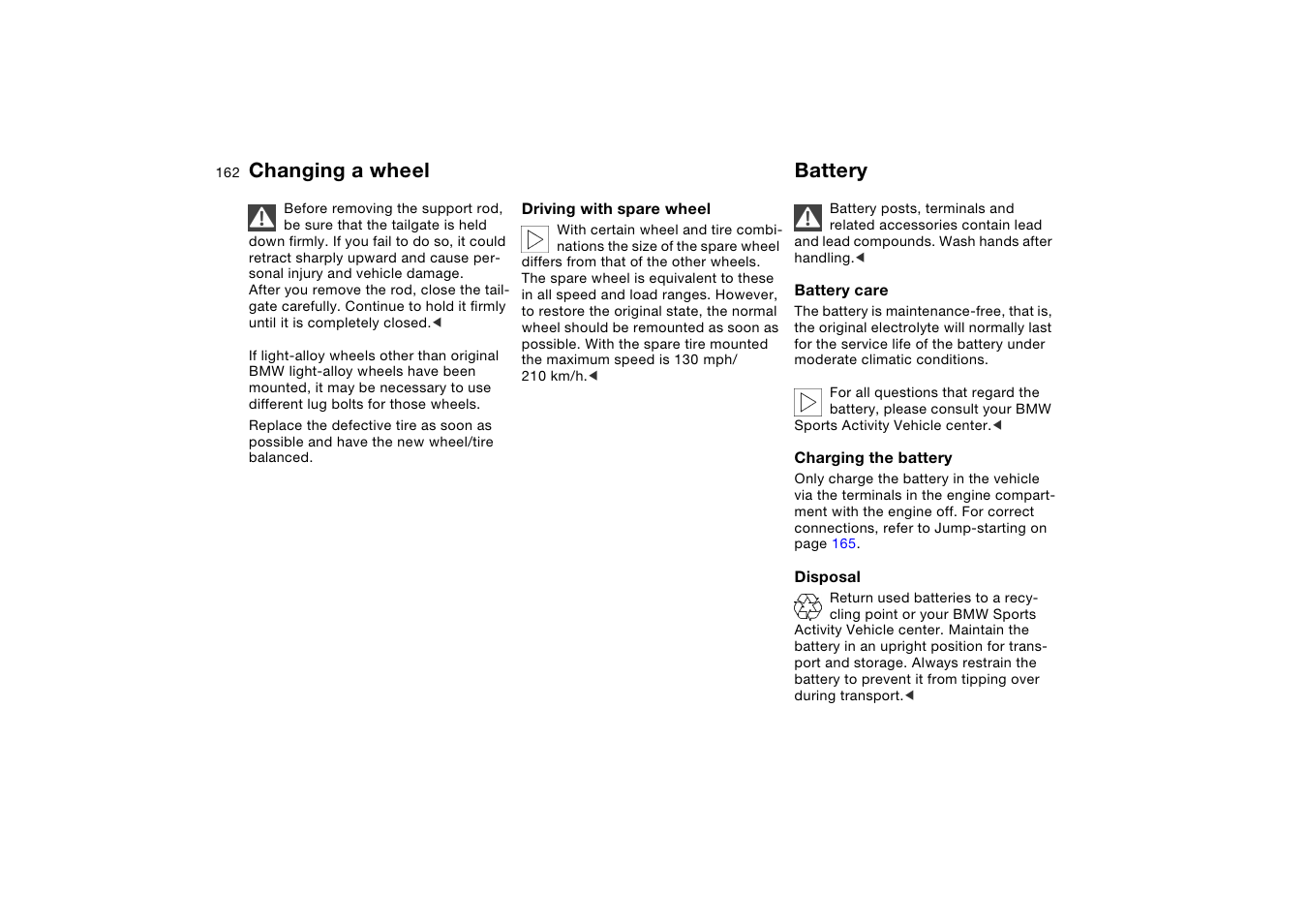 Battery, Changing a wheel battery | BMW X5 User Manual | Page 164 / 193