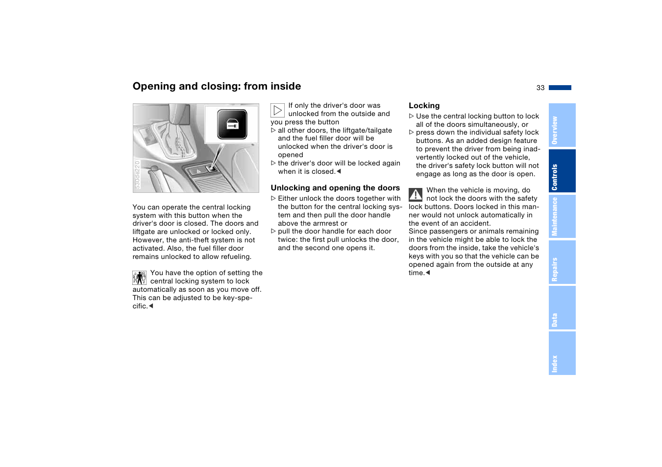 From inside, Opening and closing: from inside | BMW X5 User Manual | Page 35 / 193
