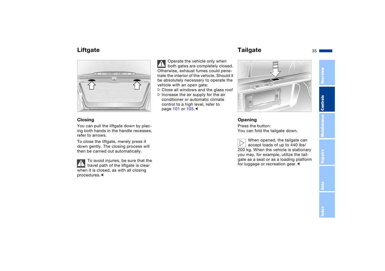 Tailgate, Liftgate tailgate | BMW X5 User Manual | Page 37 / 193