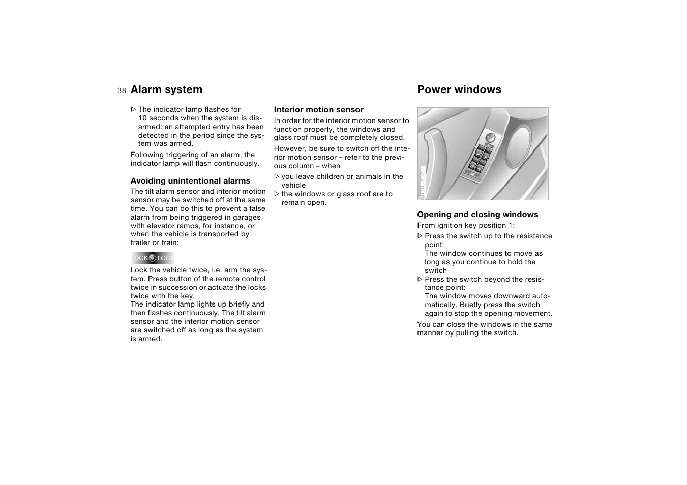 Power windows, Alarm system power windows | BMW X5 User Manual | Page 40 / 193