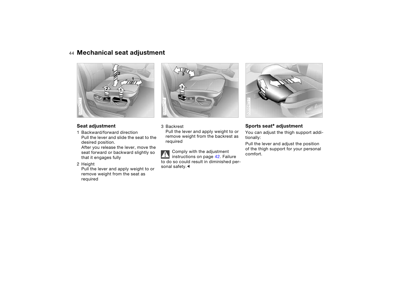 Mechanical seat adjustment | BMW X5 User Manual | Page 46 / 193