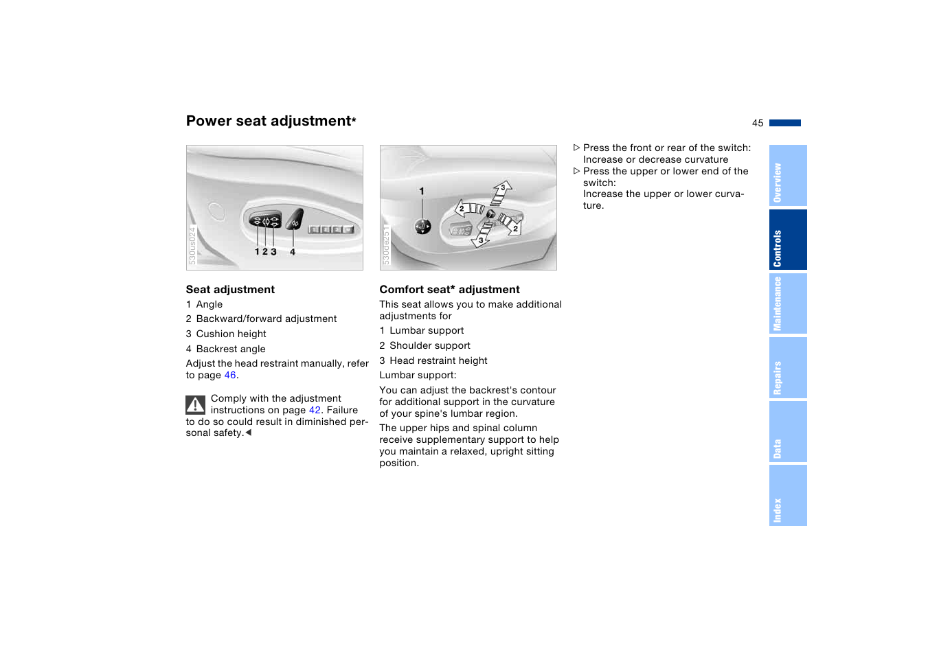 Power seat adjustment | BMW X5 User Manual | Page 47 / 193