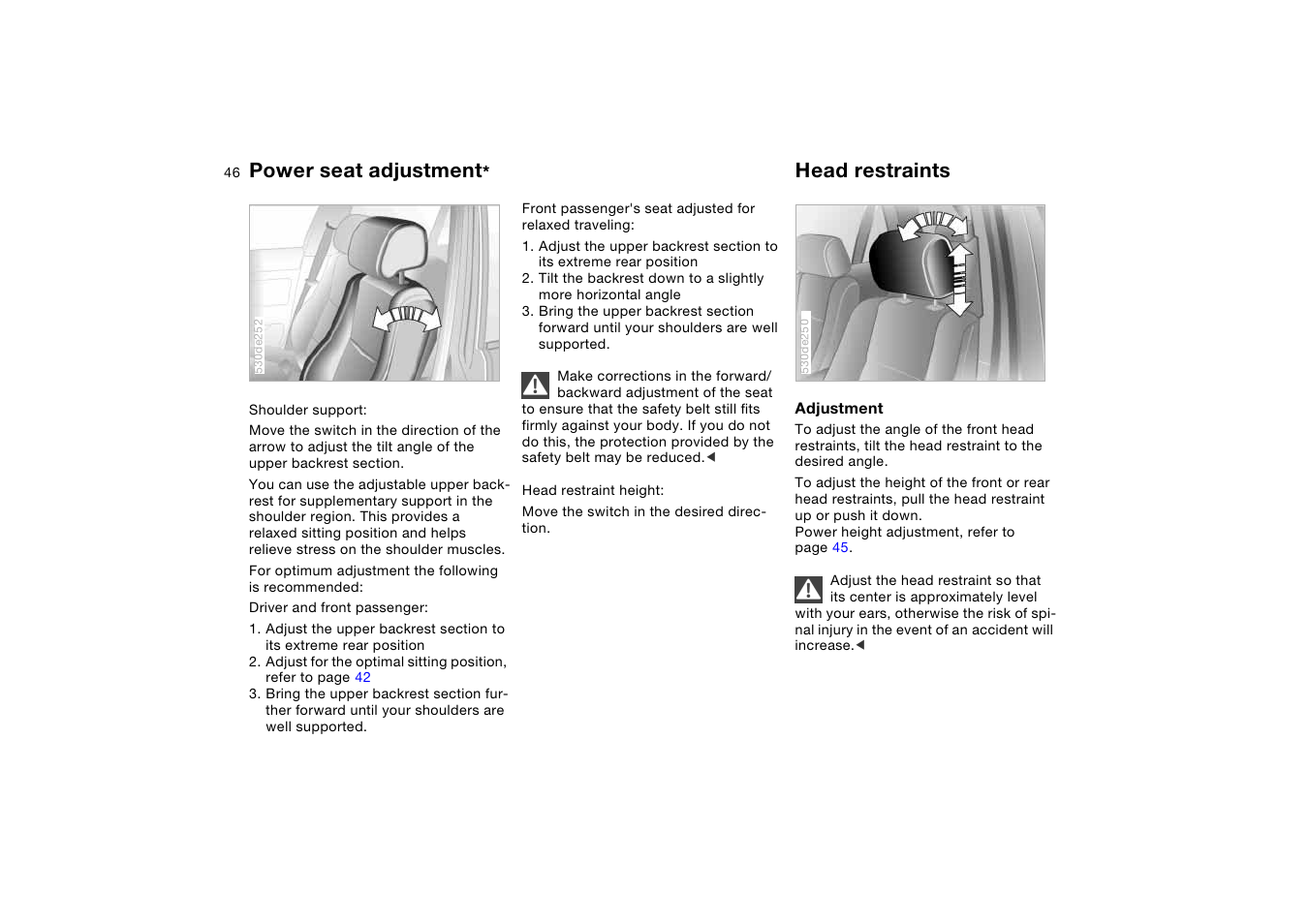 Head restraints, Power seat adjustment | BMW X5 User Manual | Page 48 / 193