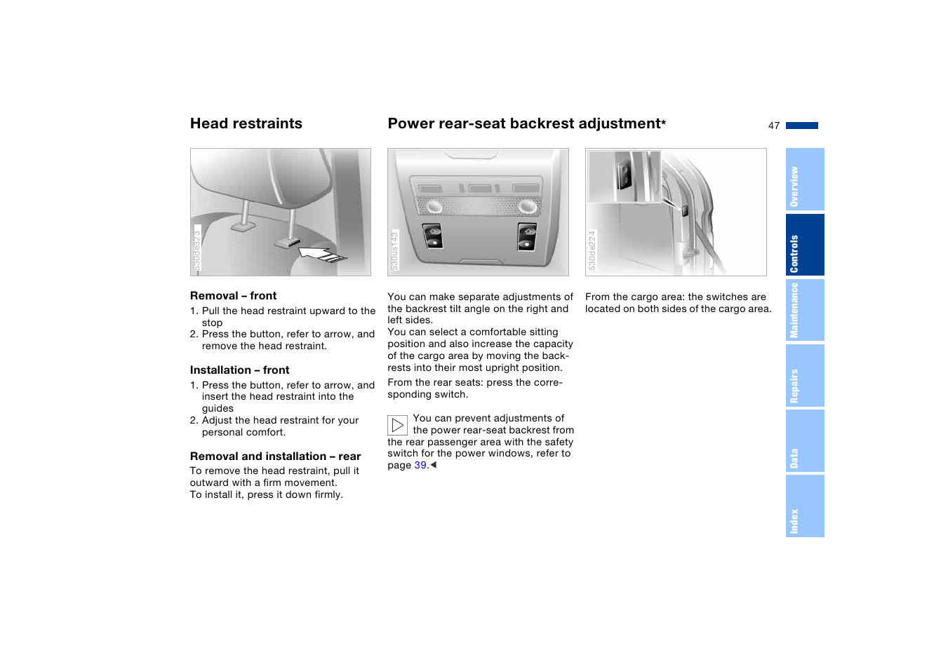 Power rear-seat backrest adjustment, Adjustment | BMW X5 User Manual | Page 49 / 193
