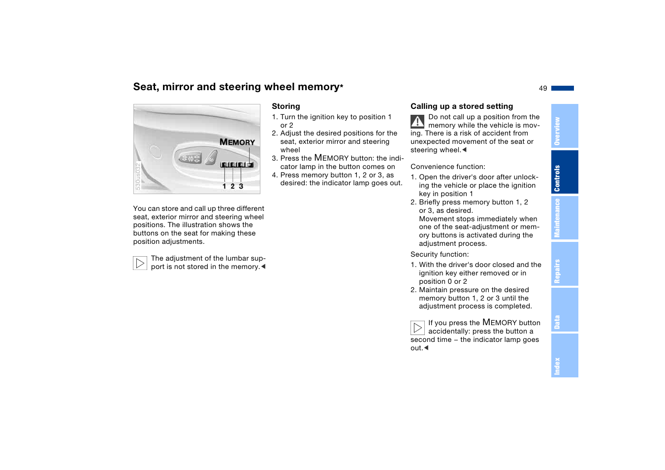 Seat, mirror and steering wheel memory, Memory | BMW X5 User Manual | Page 51 / 193