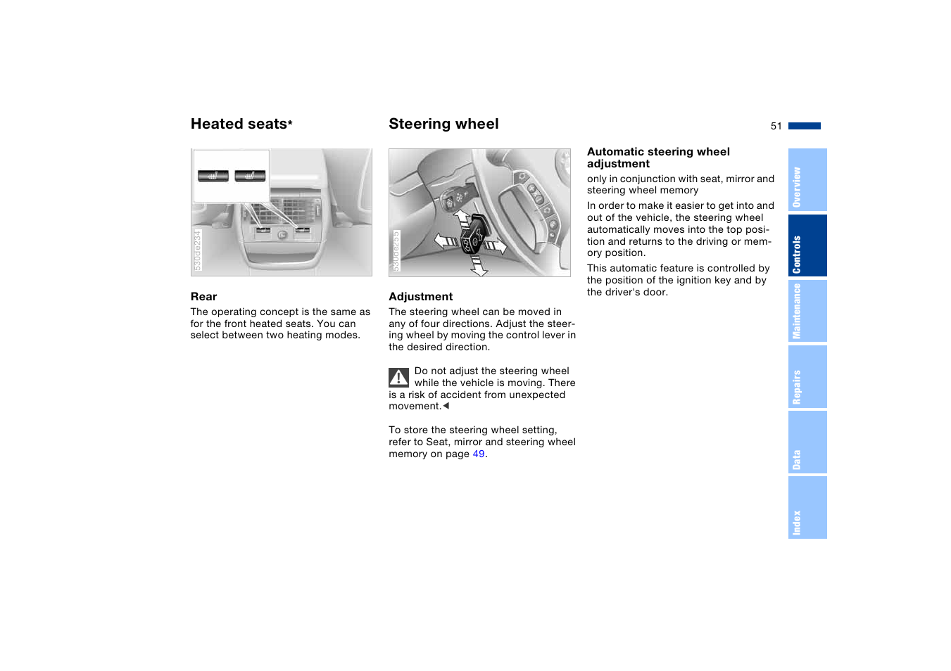 Steering wheel, Heated seats | BMW X5 User Manual | Page 53 / 193