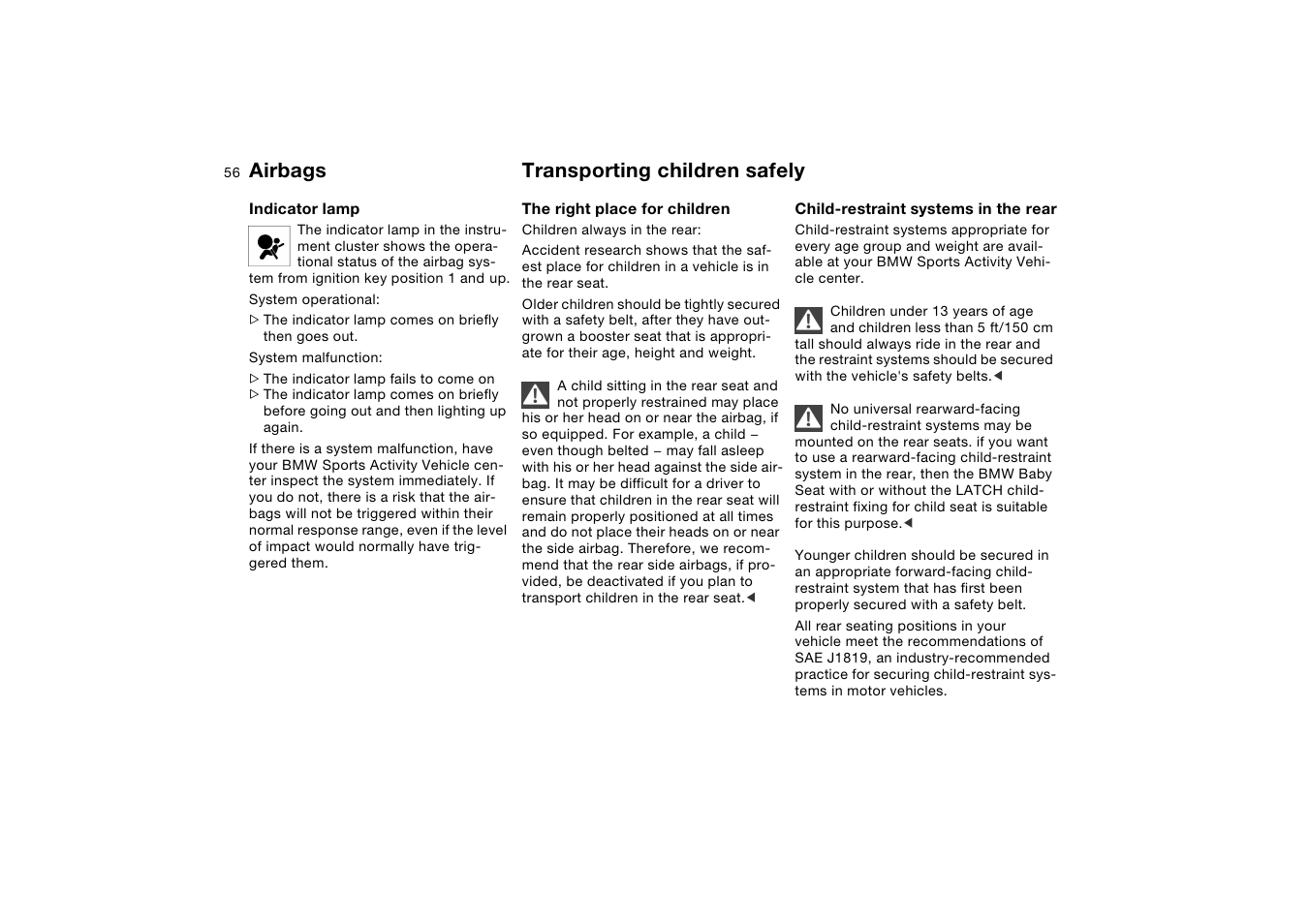 Transporting children safely, Airbags transporting children safely | BMW X5 User Manual | Page 58 / 193