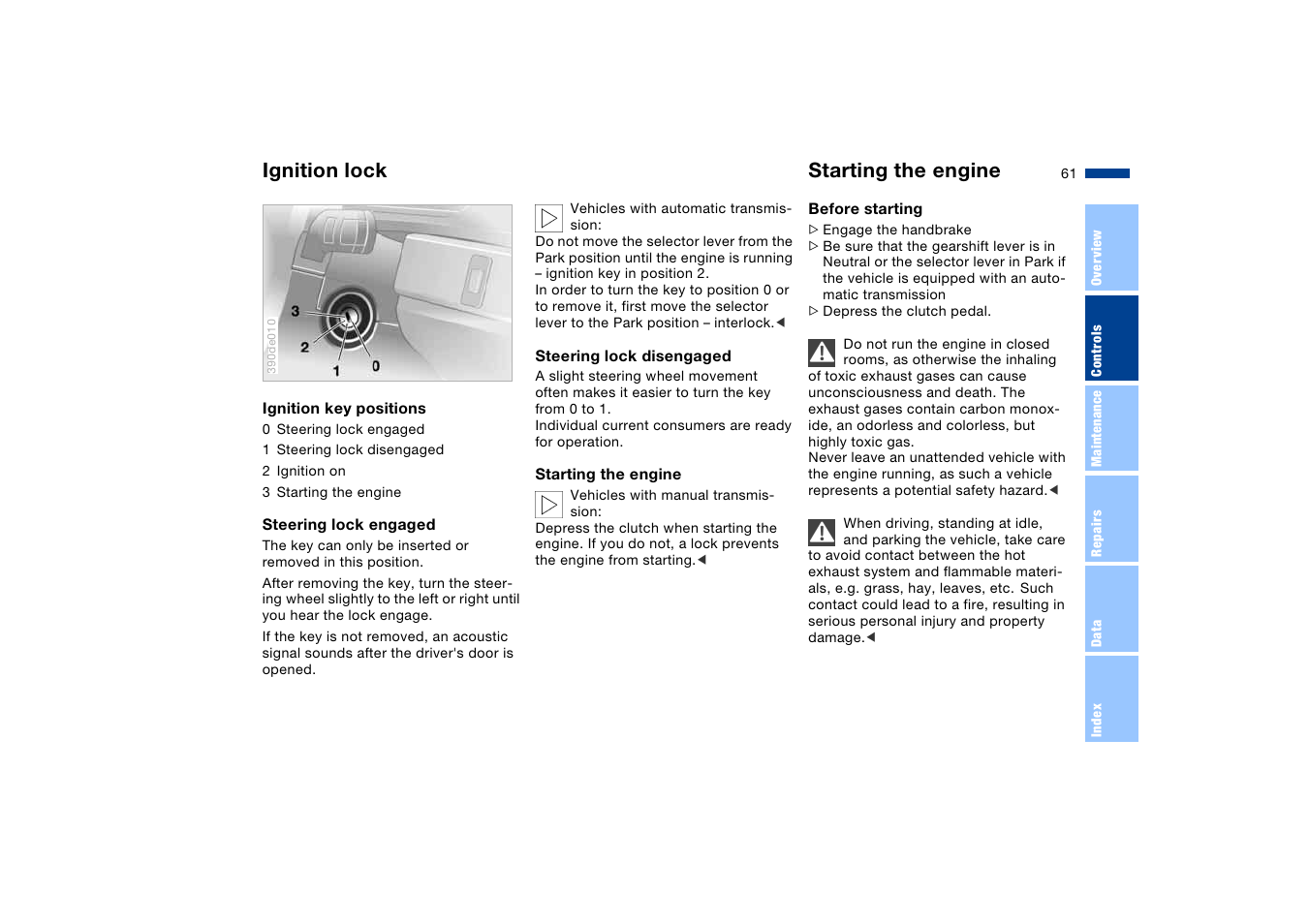 Ignition lock, Starting the engine, Ignition lock starting the engine | BMW X5 User Manual | Page 63 / 193