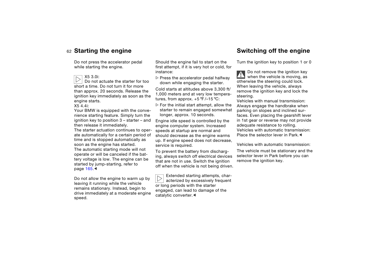 Switching off the engine, Starting the engine switching off the engine | BMW X5 User Manual | Page 64 / 193