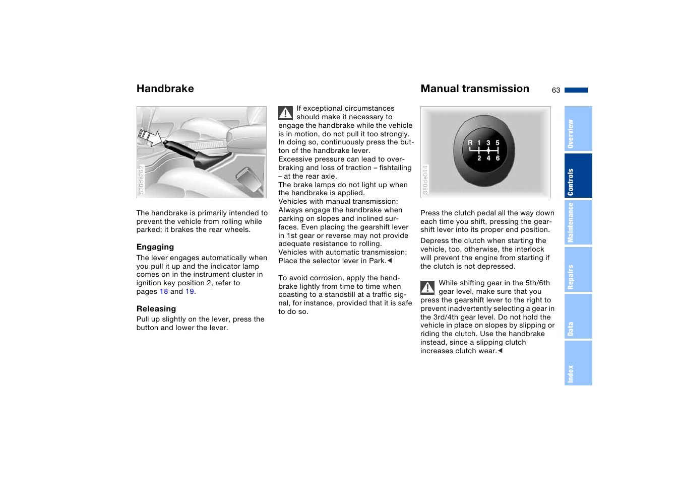 Handbrake, Manual transmission, Handbrake manual transmission | BMW X5 User Manual | Page 65 / 193