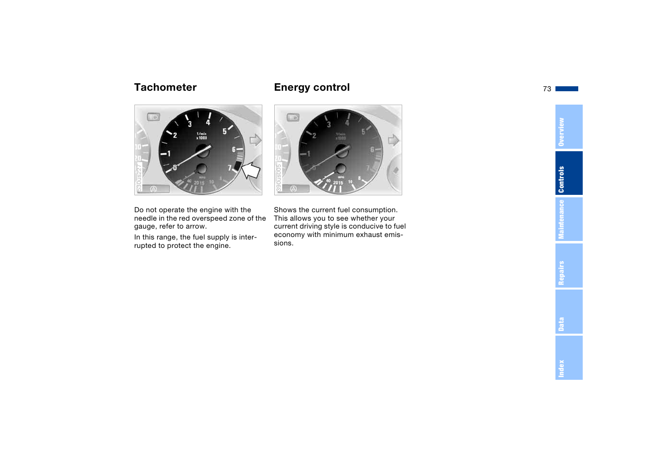 Tachometer, Energy control, Tachometer energy control | BMW X5 User Manual | Page 75 / 193