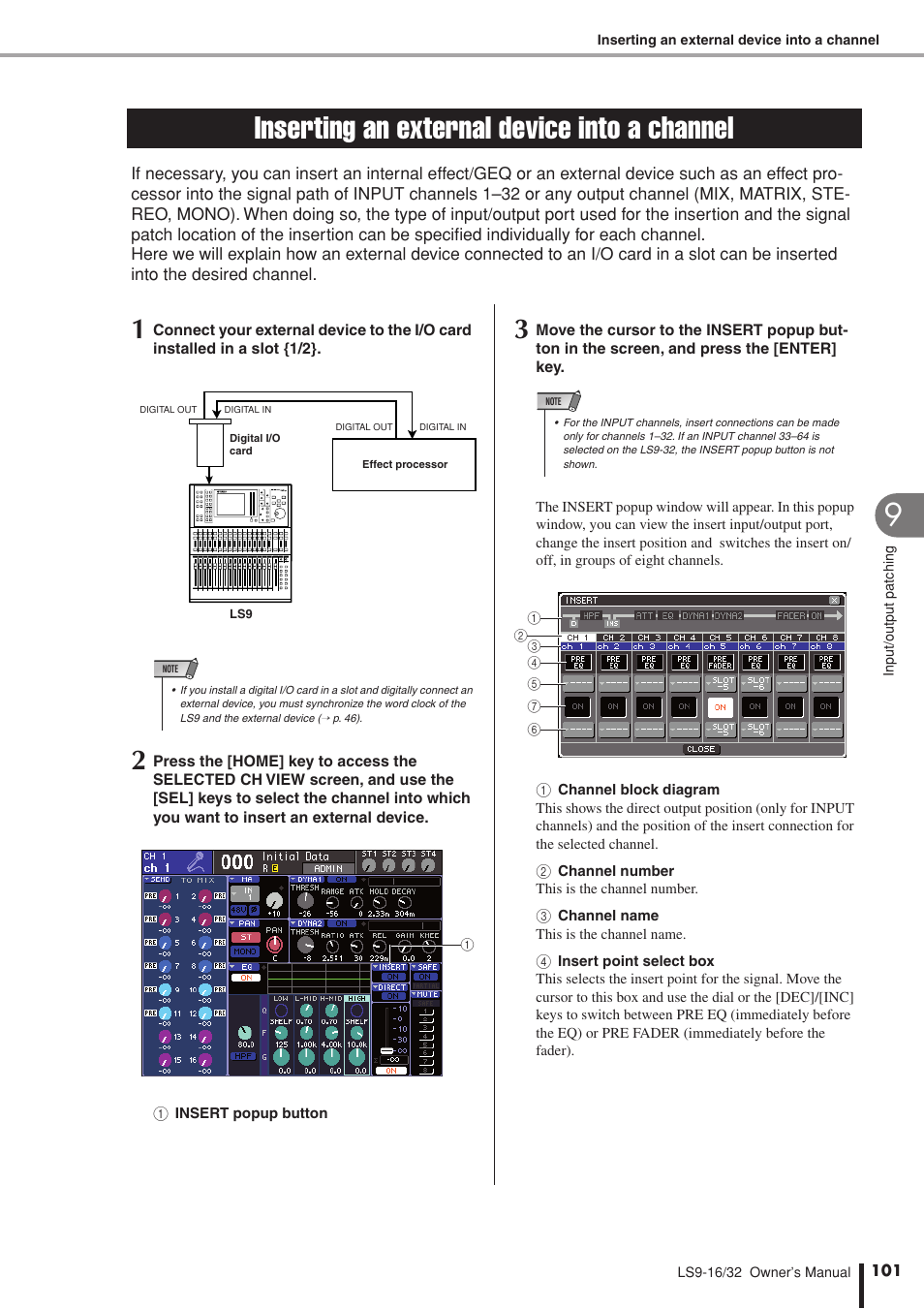 Inserting an external device into a channel, P. 101) | Yamaha LS9 User Manual | Page 101 / 290