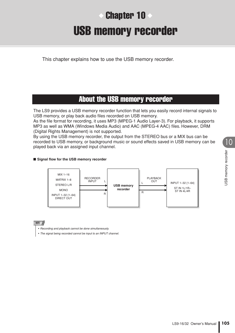 Usb memory recorder, About the usb memory recorder, Chapter 10 | Yamaha LS9 User Manual | Page 105 / 290