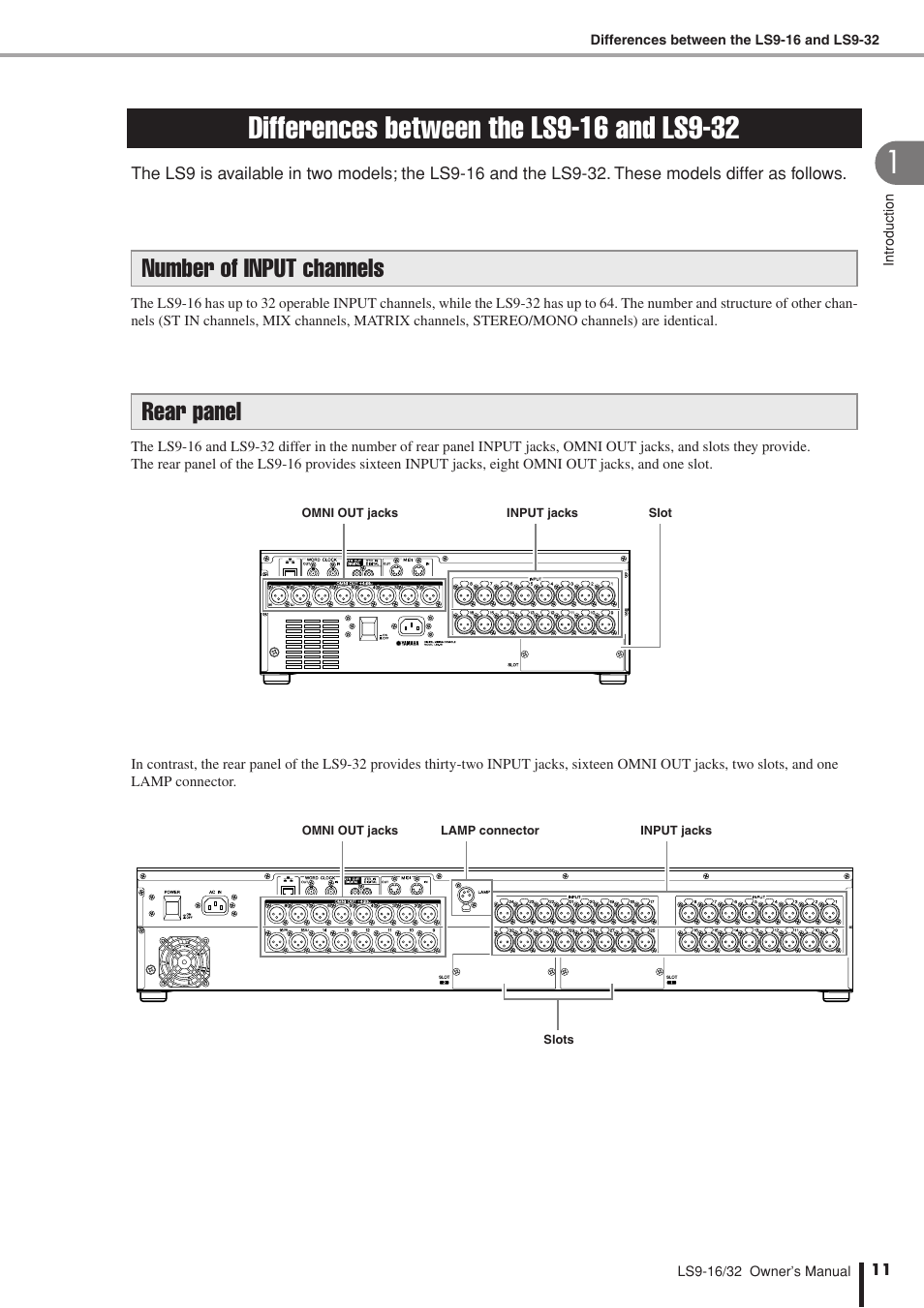 Differences between the ls9-16 and ls9-32, Number of input channels, Rear panel | Number of input channels rear panel | Yamaha LS9 User Manual | Page 11 / 290