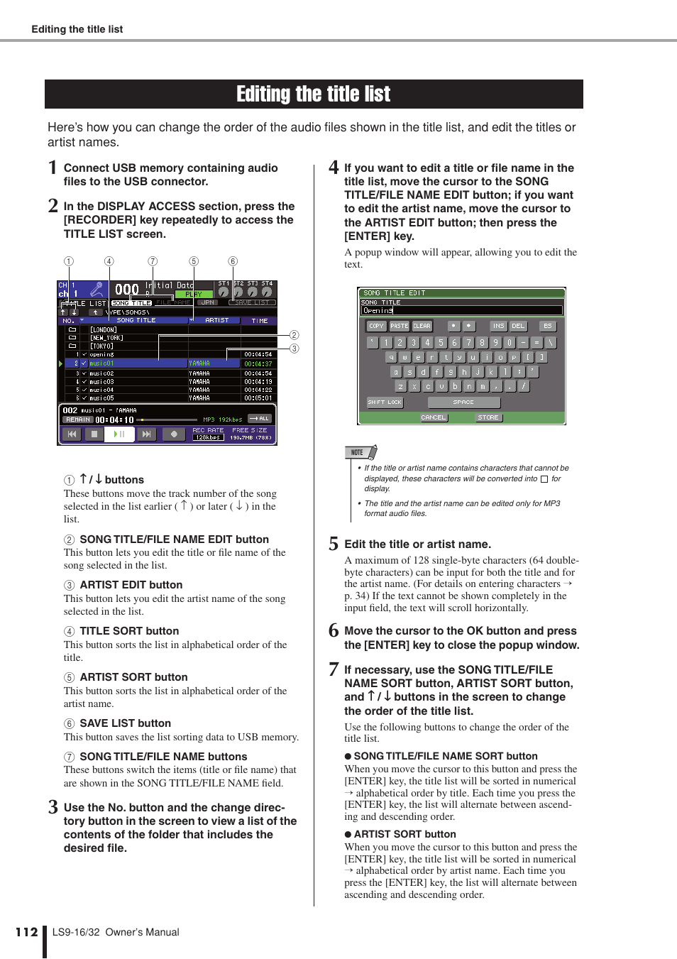 Editing the title list | Yamaha LS9 User Manual | Page 112 / 290