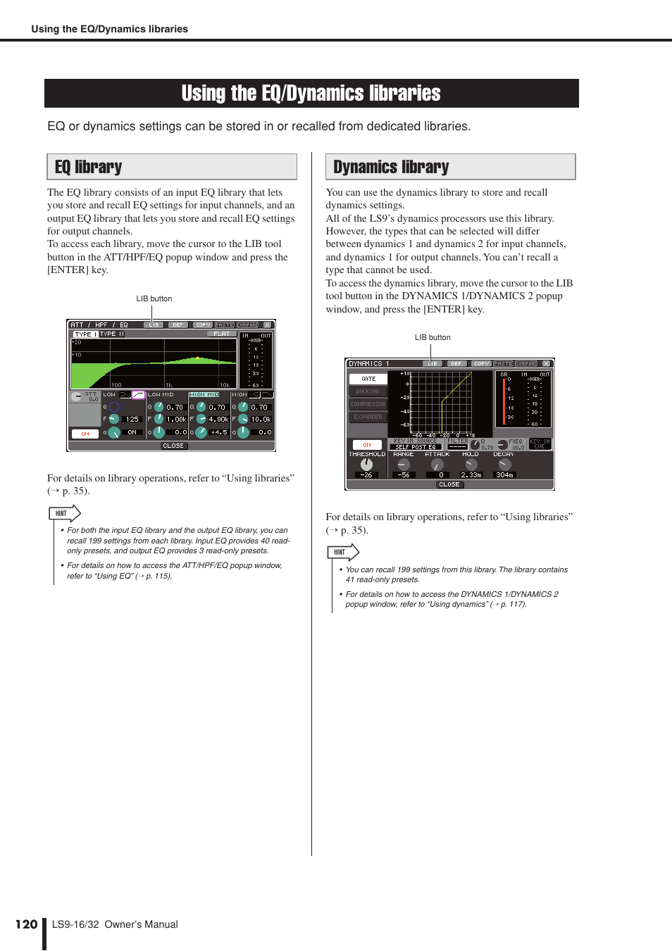 Using the eq/dynamics libraries, Eq library, Dynamics library | P. 120) | Yamaha LS9 User Manual | Page 120 / 290