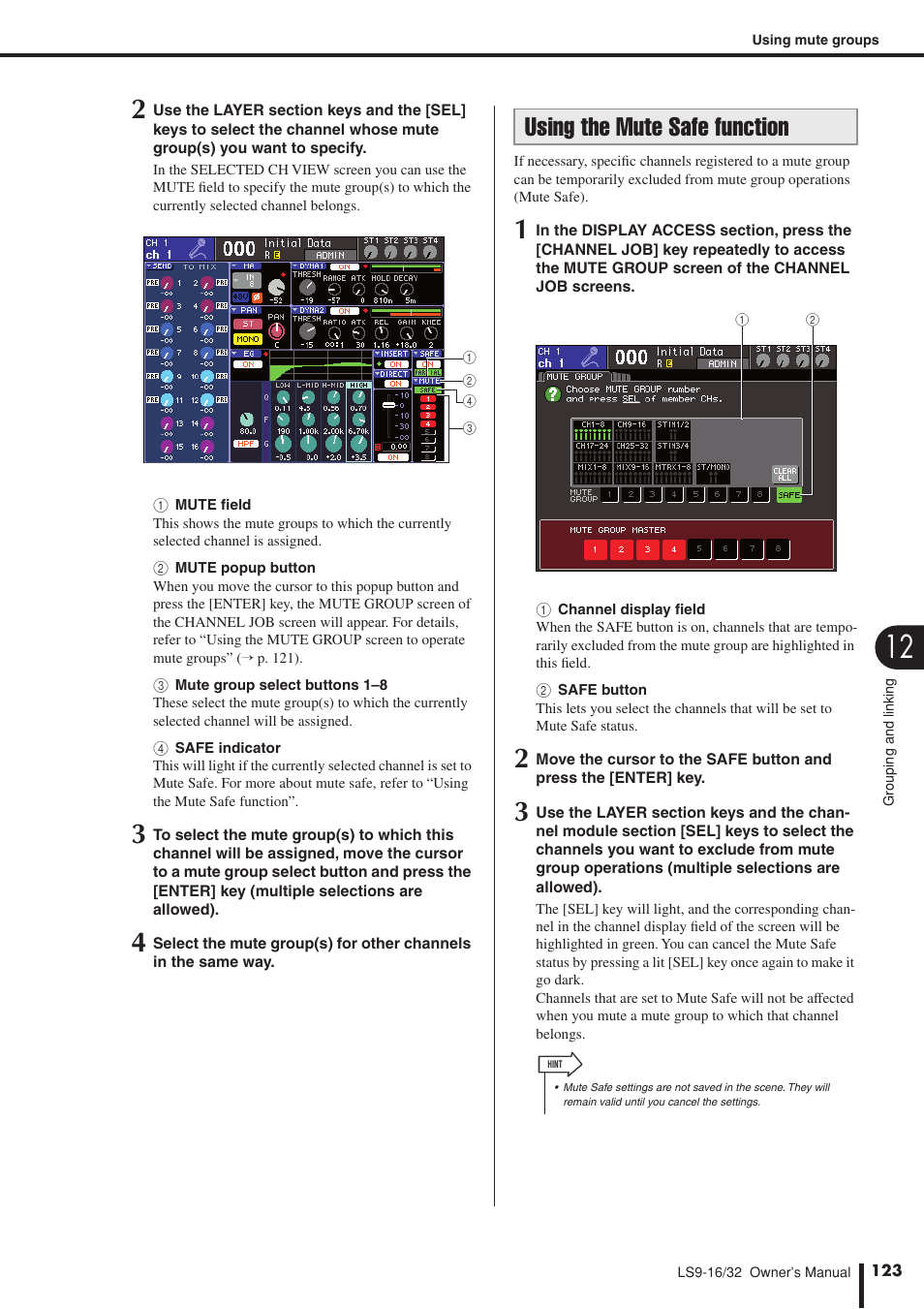 Using the mute safe function, Safe, refer to “using the mute safe function, P. 123) | Yamaha LS9 User Manual | Page 123 / 290