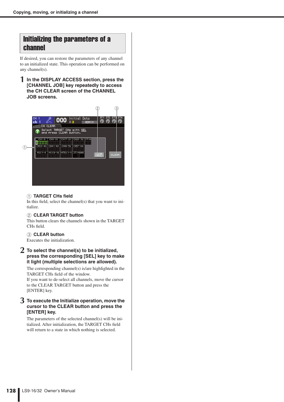 Initializing the parameters of a channel | Yamaha LS9 User Manual | Page 128 / 290