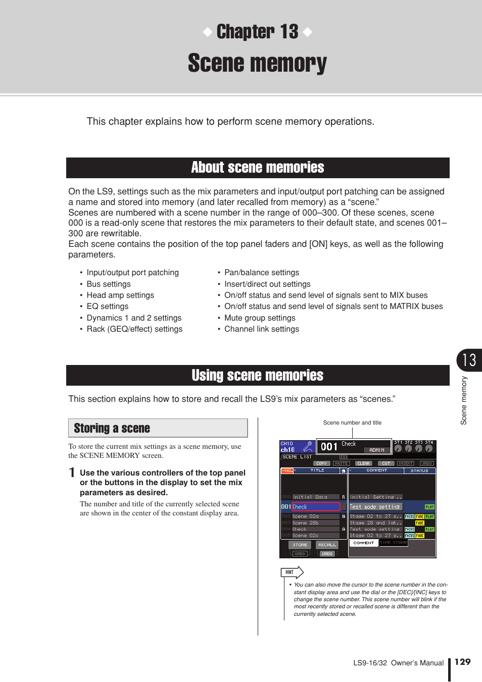 Scene memory, About scene memories, Using scene memories | Storing a scene, P. 129), or press a user-defined k, Chapter 13 | Yamaha LS9 User Manual | Page 129 / 290