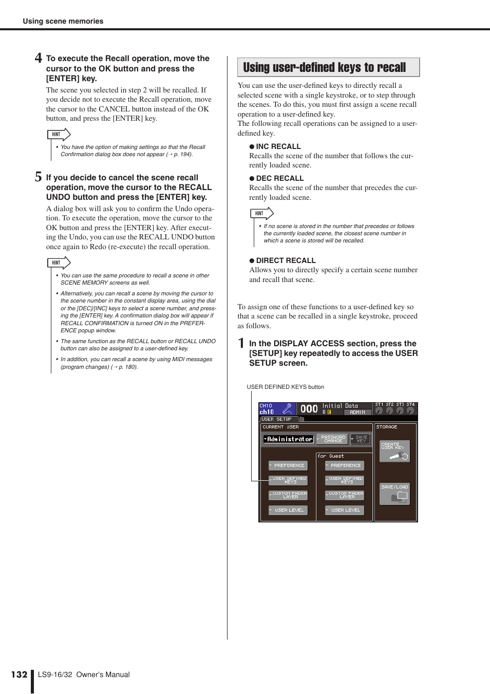 Using user-defined keys to recall, Ation, P. 132) | P. 132) to which y | Yamaha LS9 User Manual | Page 132 / 290