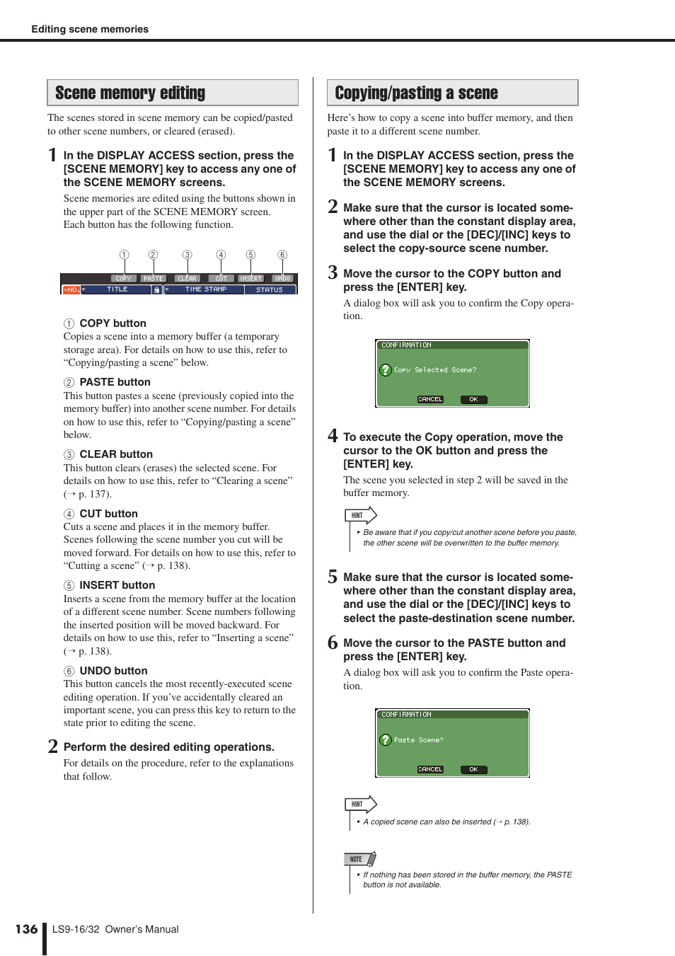 Scene memory editing, Copying/pasting a scene, Details, refer to “scene memory editing | P. 136) | Yamaha LS9 User Manual | Page 136 / 290