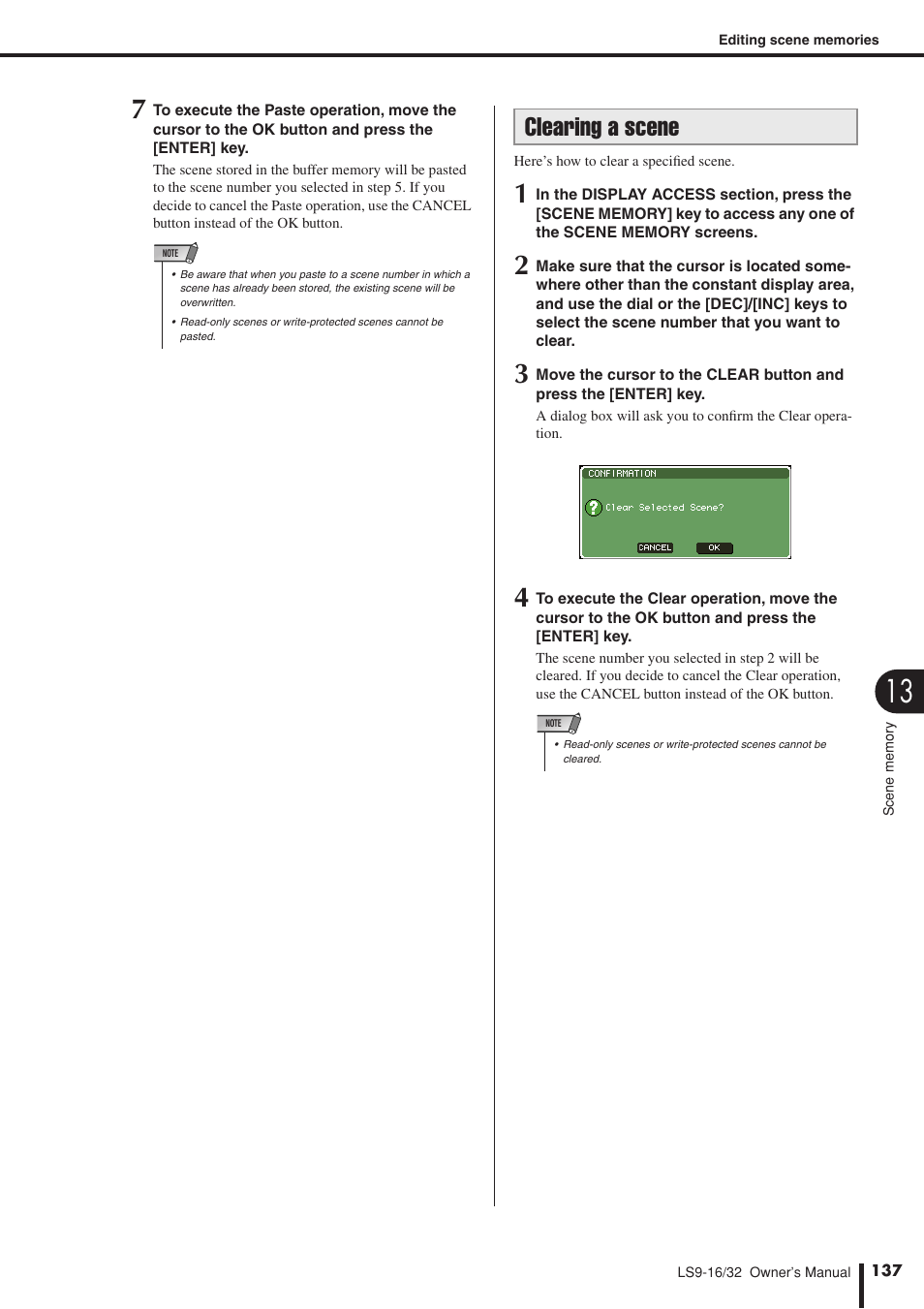 Clearing a scene, P. 137) | Yamaha LS9 User Manual | Page 137 / 290