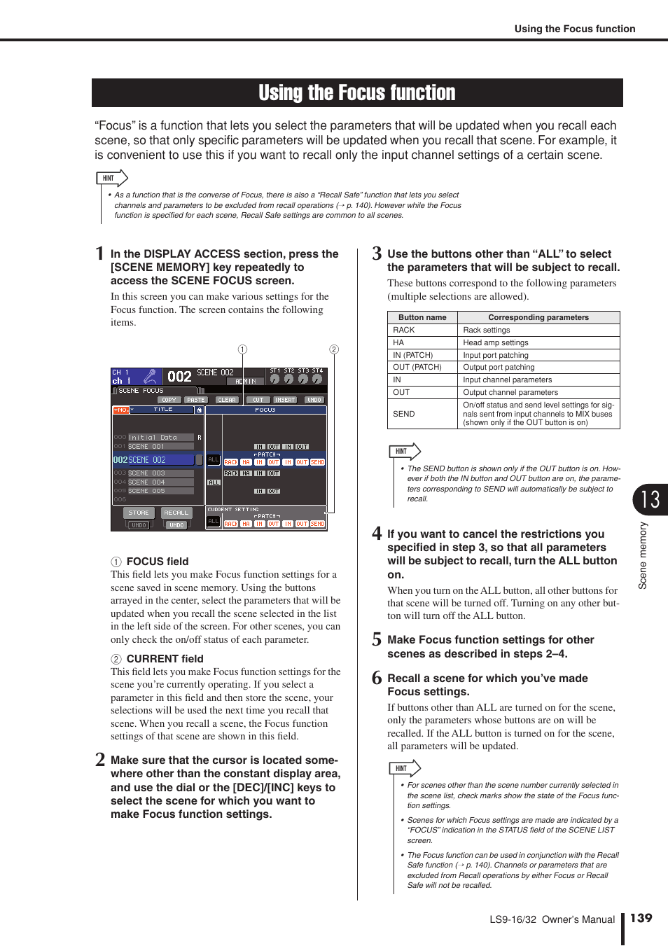 Using the focus function, Ocus function, P. 139), for scenes in | Yamaha LS9 User Manual | Page 139 / 290