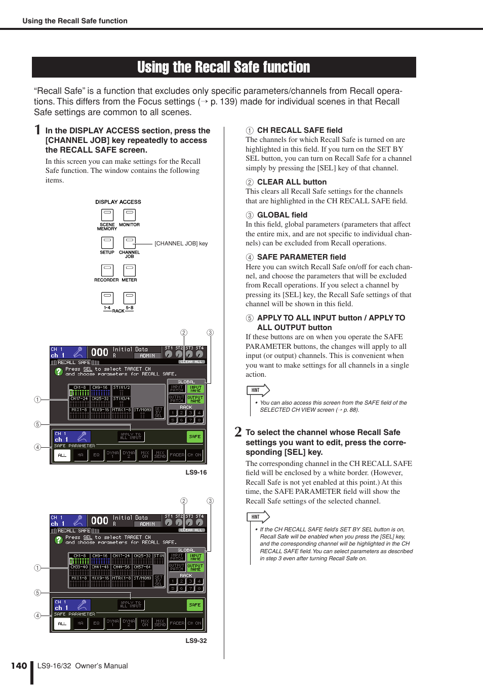 Using the recall safe function, Recall safe screen, P. 140) | Ations, E function | Yamaha LS9 User Manual | Page 140 / 290