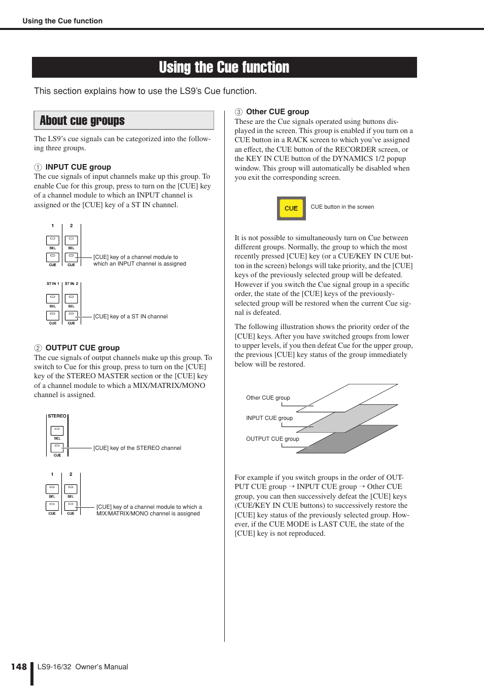 Using the cue function, About cue groups | Yamaha LS9 User Manual | Page 148 / 290