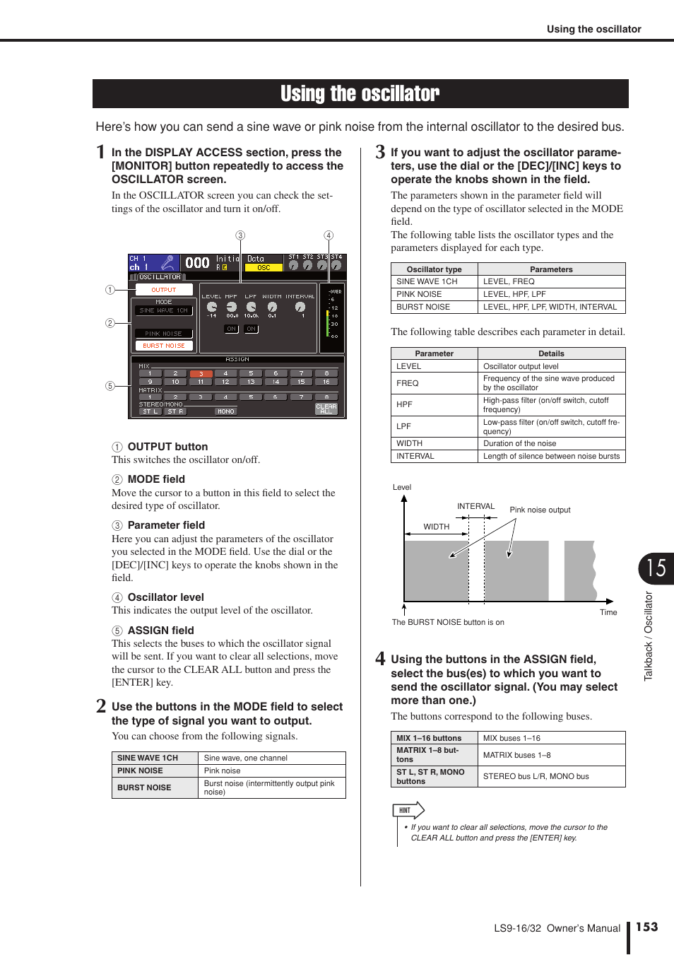 Using the oscillator | Yamaha LS9 User Manual | Page 153 / 290