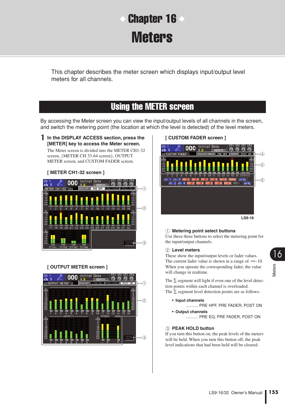 Meters, Using the meter screen, Chapter 16 | Yamaha LS9 User Manual | Page 155 / 290