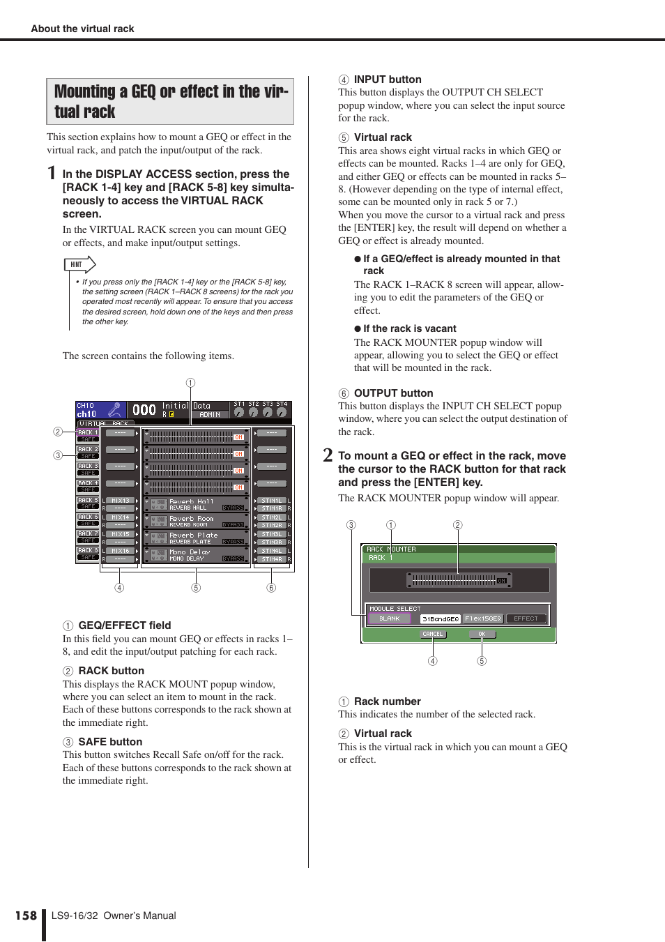 Mounting a geq or effect in the virtual rack, Ck screen, P. 158) | Mounting a geq or effect in the vir- tual rack | Yamaha LS9 User Manual | Page 158 / 290